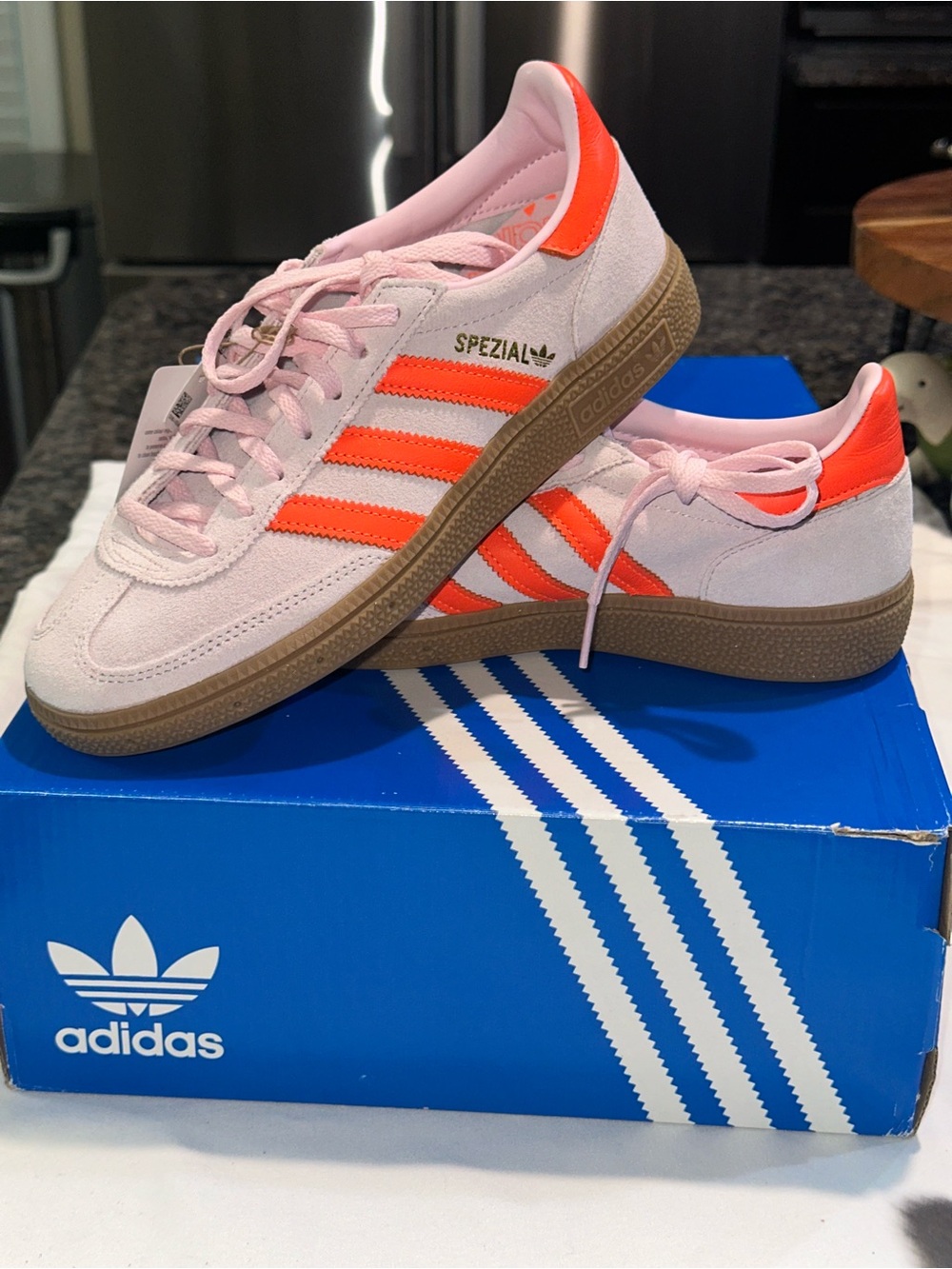 adidas Women’s Suede Sneakers in Light Pink with Bright Orange Stripes - Picture 5 of 6